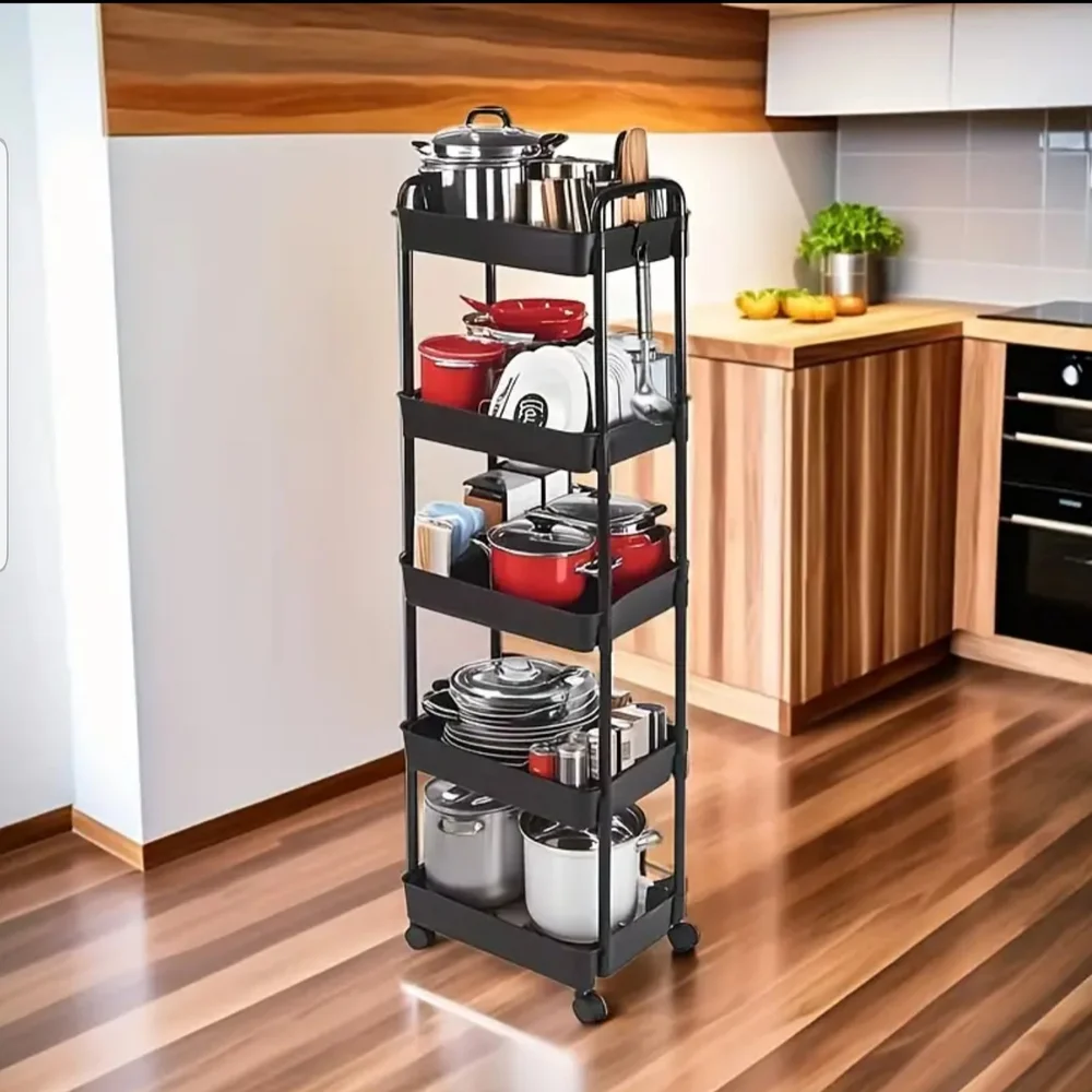 5-Tier Black Rolling Storage Cart - No hooks 🪝 included